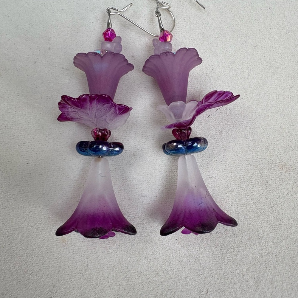 Purple Floral Lucite Earrings with Silver Hooks
